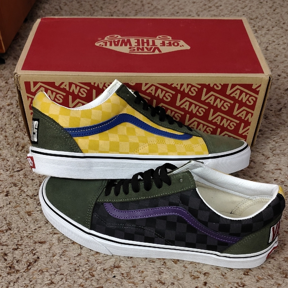 Vans Men's Old SKOOL Checkerboard Sneakers - Yellow and Green Size 11